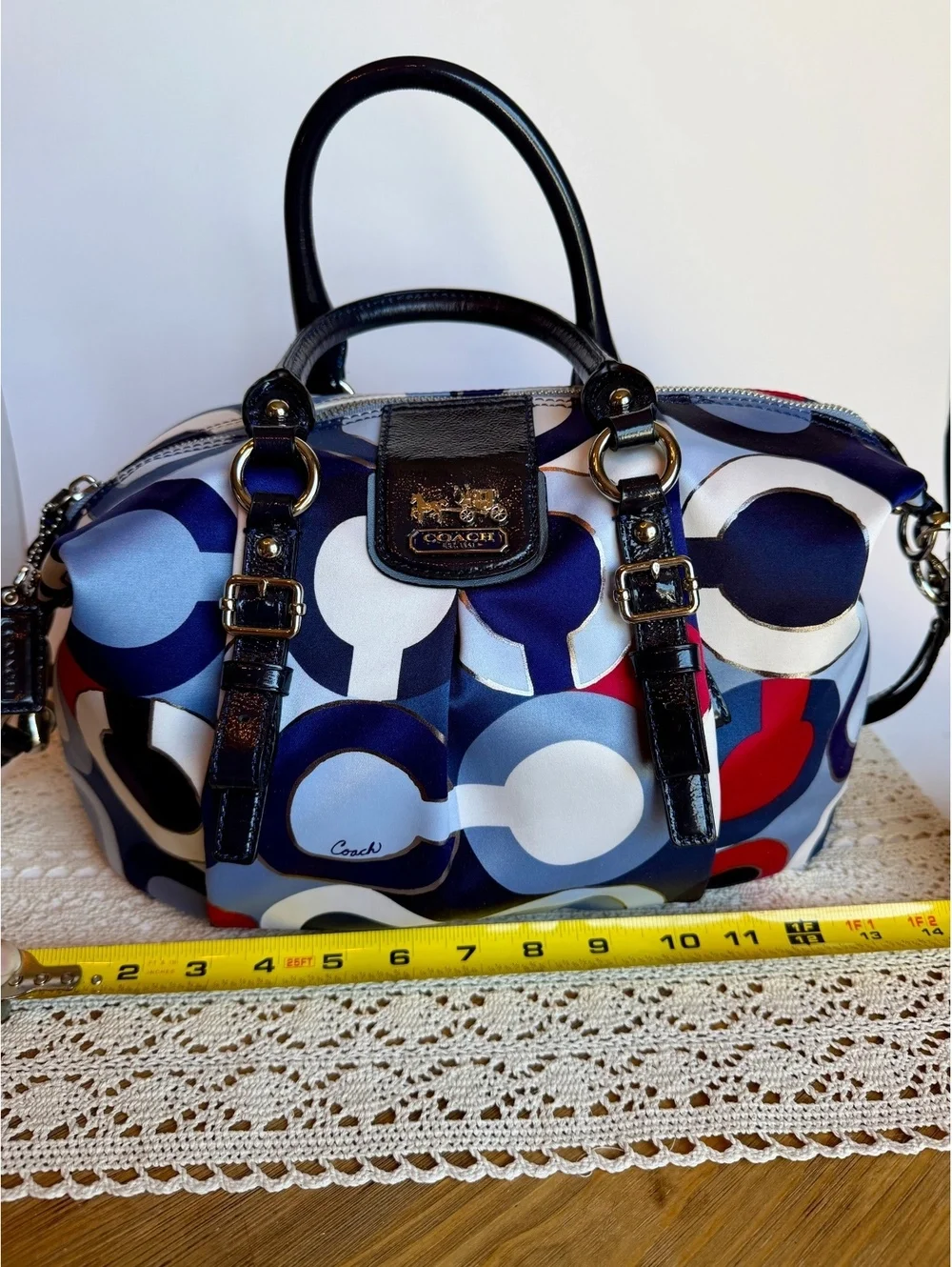 Coach 21233 Kristin Op Art Satin Satchel Crossbody Bag Blue Red Patent Leather
